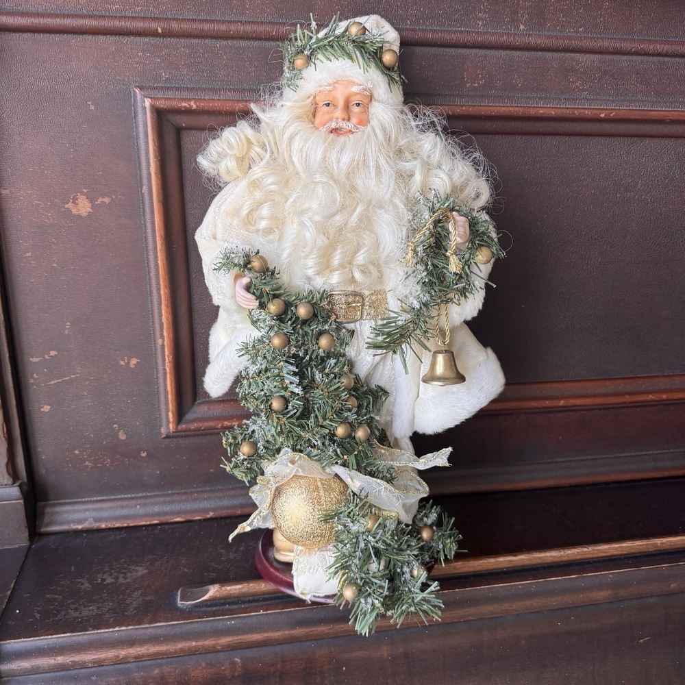 Vintage Santa Claus White With Greenery & Bell ~ Free Standing Soft Robe 15"